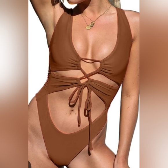 71.🆕Large Sexy Cutout Lace Up Backless High Cut One Piece Brown Monokini NWT - Picture 1 of 4